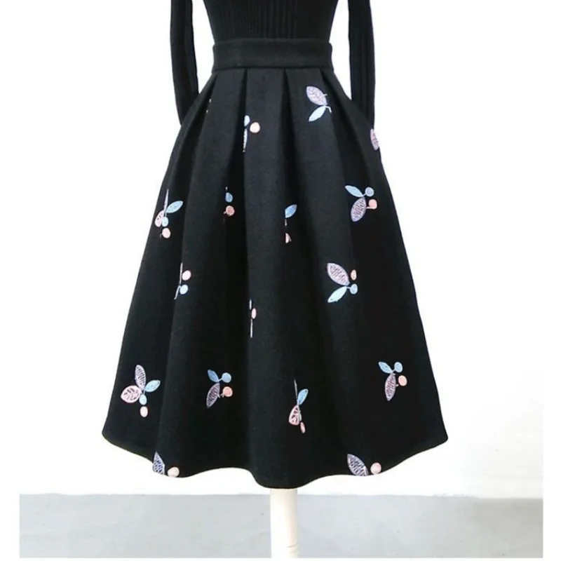 Autumn Winter Fashion Trend Bow Embroidery High Waist Skirt Women's Clothing Temperament High Waist Pleated Skirts for Female