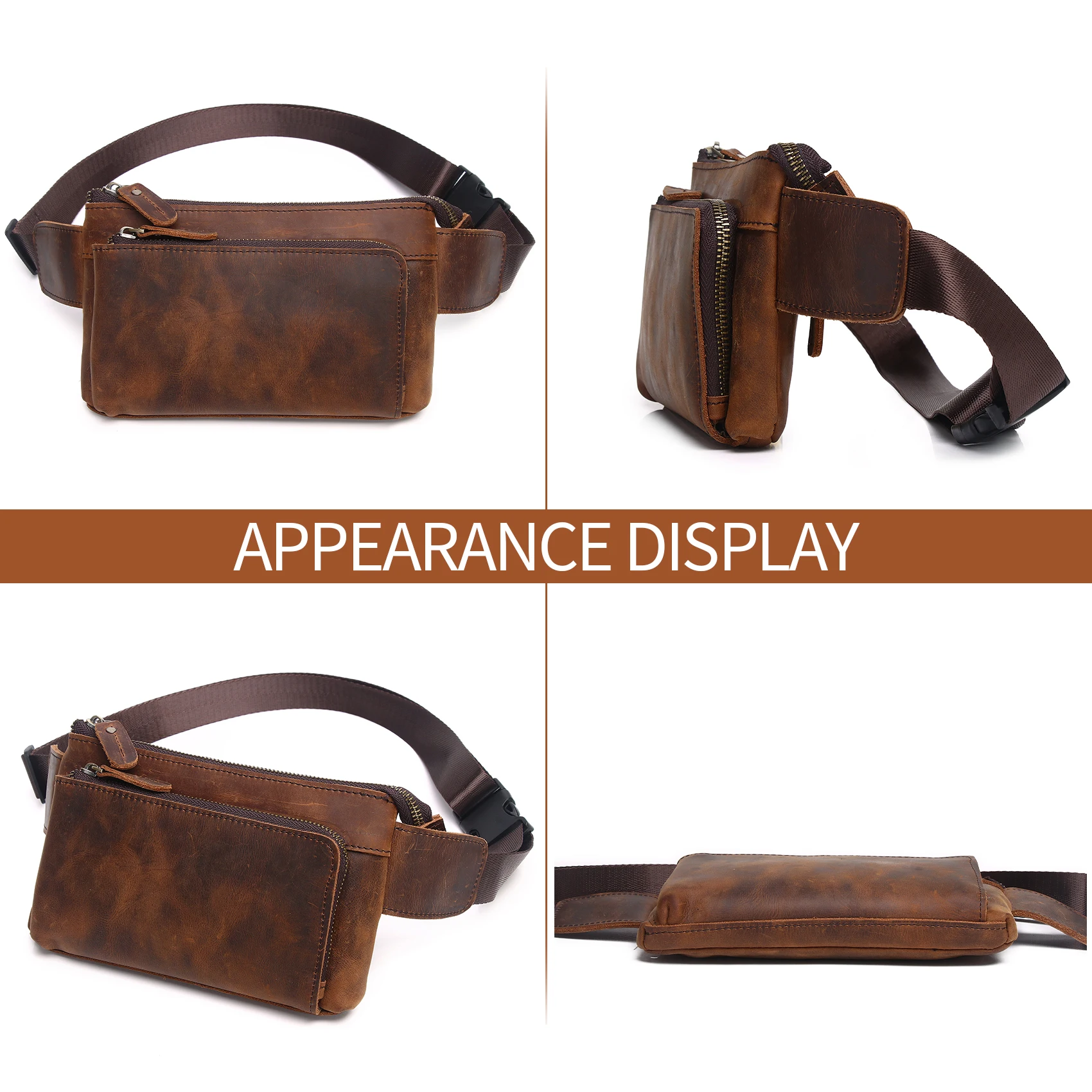 Cowhide Waist Fanny Pack-Genuine Leather and Slim with Adjustable Waistband Purse Casual  Shoulder Cross Body Bags Waist Wallet