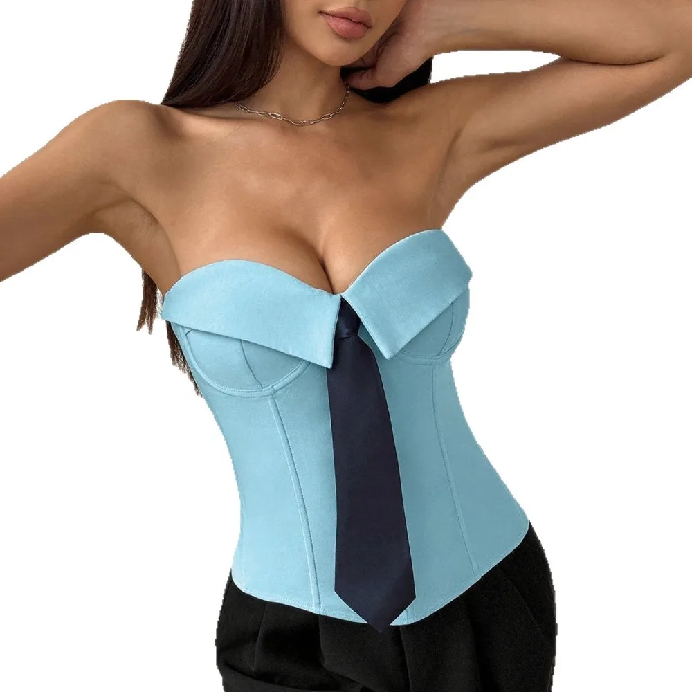 

Street Style European & American Inspired Hot Girl in a Bandeau Tie Neck Solid Color Crop Top with Fishbone Waist Cincher corset