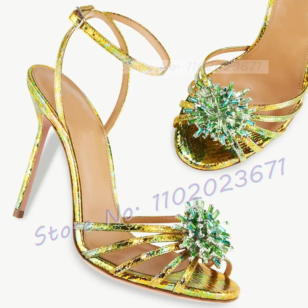 

Colorful Flower Gold Sandals With High Heels Women Glossy Print Leather Shoes Fashion Party Female Ankle Strap Dress Sandals