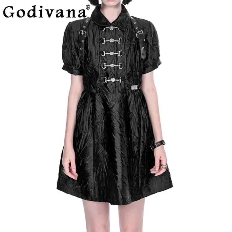 Elegant Girl Summer Improved Metal Punk Cheongsam Dress Fashion High Waist A-line Versatile Personality Short Sleeve Dresses