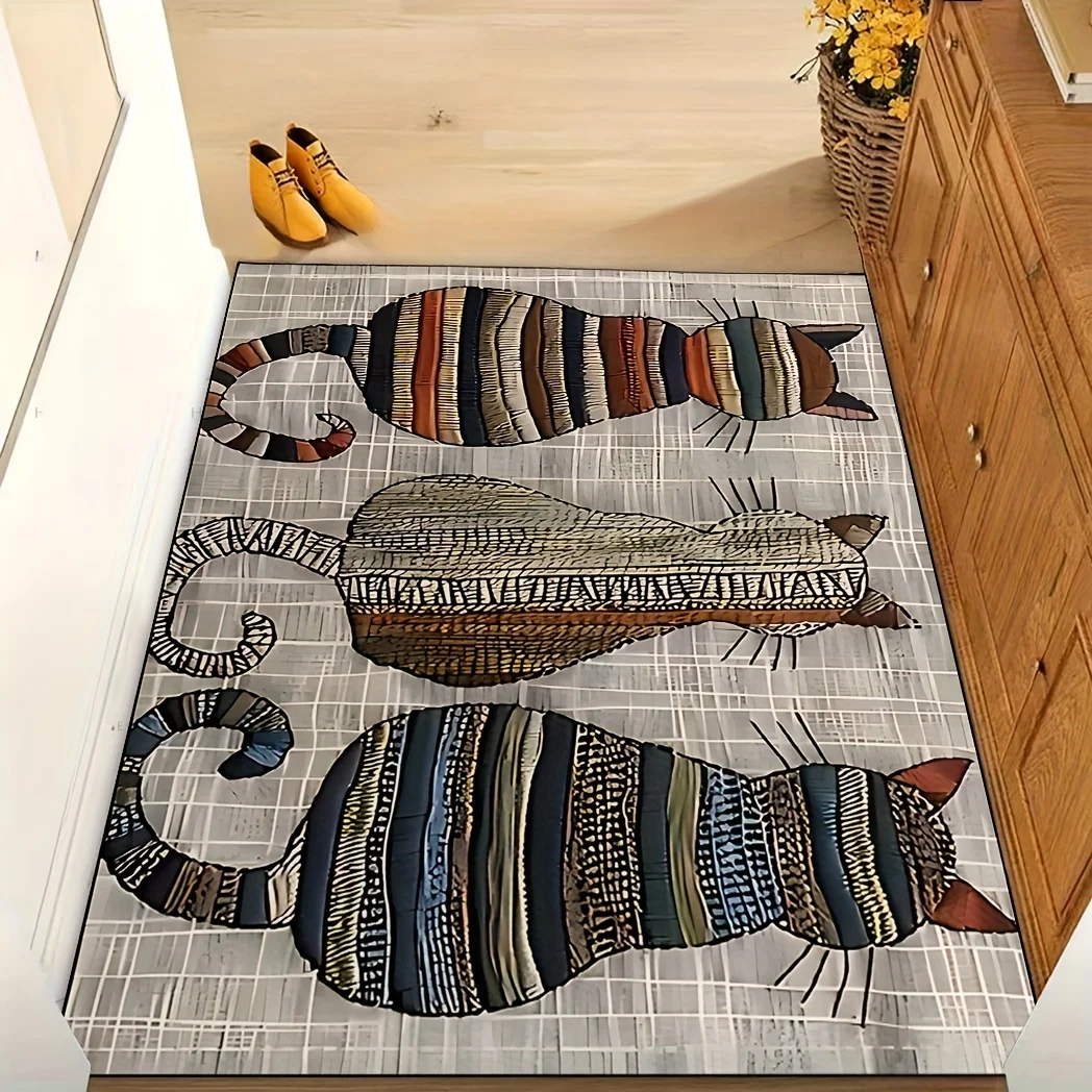 VIKAMA Bohemian Striped Cat Print Anti-Slip Floor Mat, Absorbent Door Mat for Entrance Hall, Kitchen and Home Decor
