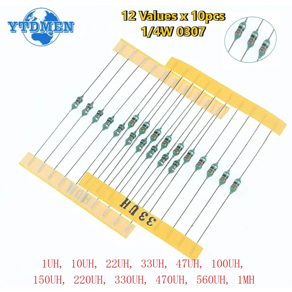 120pcs 0307 Inductor 1/4W 0.25W Color Ring Inductor Assortment Kit 1UH 10UH 22UH 33UH 47UH 100UH 150UH 220UH 330UH 470UH 560UH