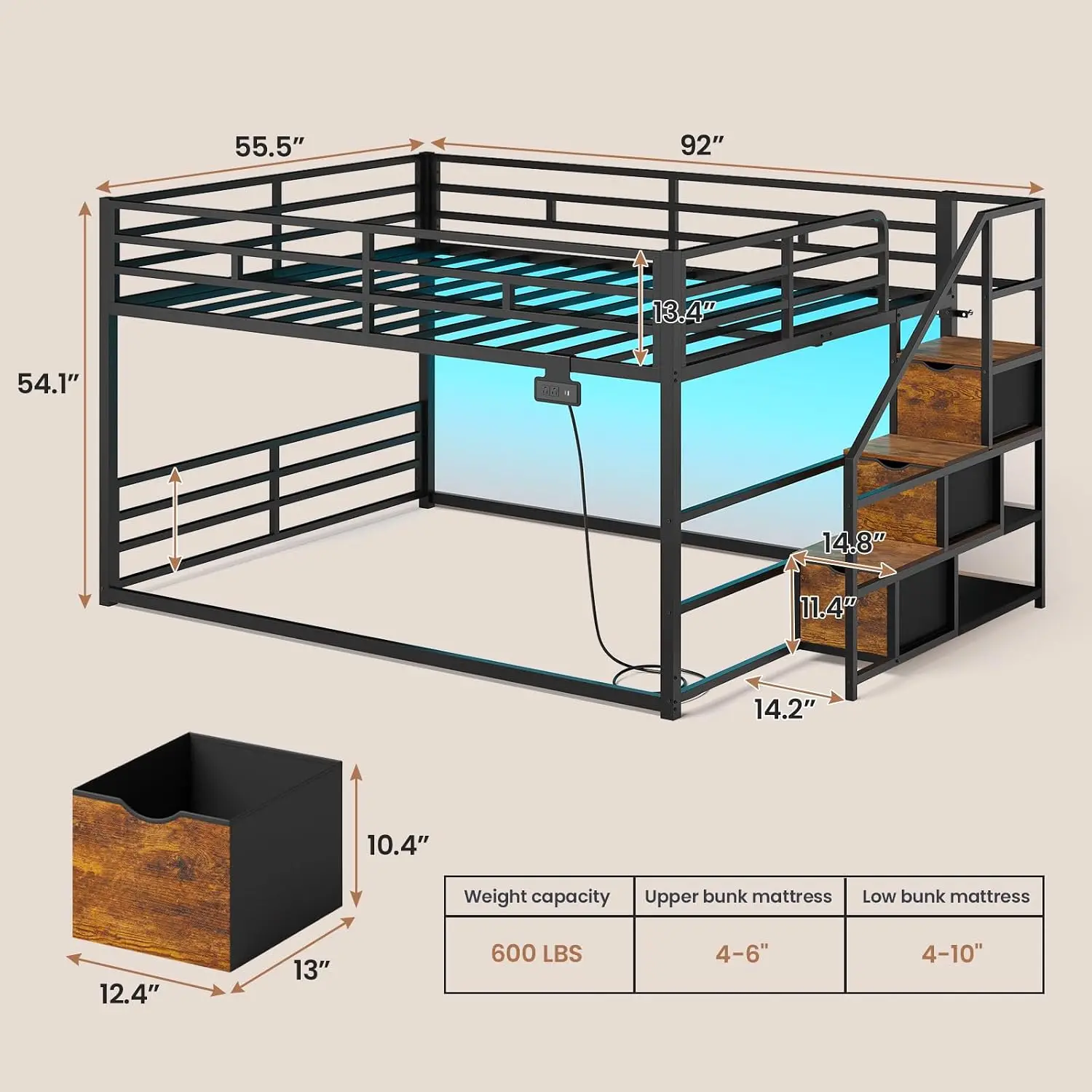 Low Bunk Bed Full Over Full with Storage Stairs, Black & Brown | 3 Storage Drawers & Shelf, Floor Bunk with RGB, Customized
