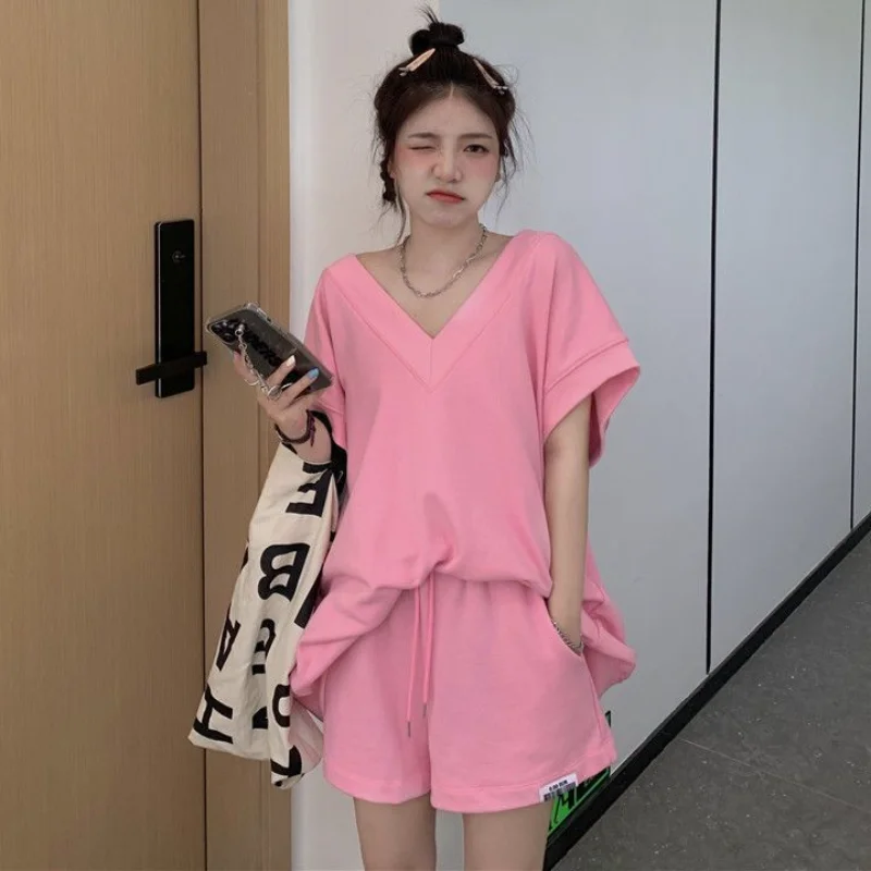 Zestawy damskie T-shirty Bandaż Solidny dekolt w szpic Krótki rękaw Luźny koreański styl Moda Szorty Lato All-match Шорты Женские Летние