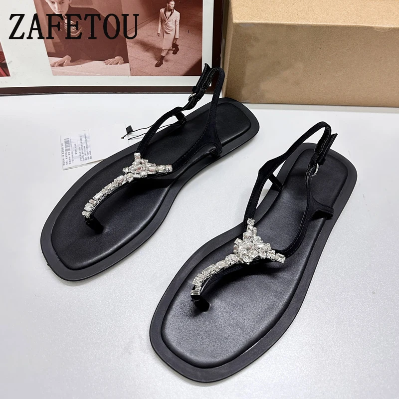 

Zafetou Shoes Women 2024 Trend New Product Fashion Square Toe Open Toe Rhinestone Decorative Clip Toe Flat Sandals
