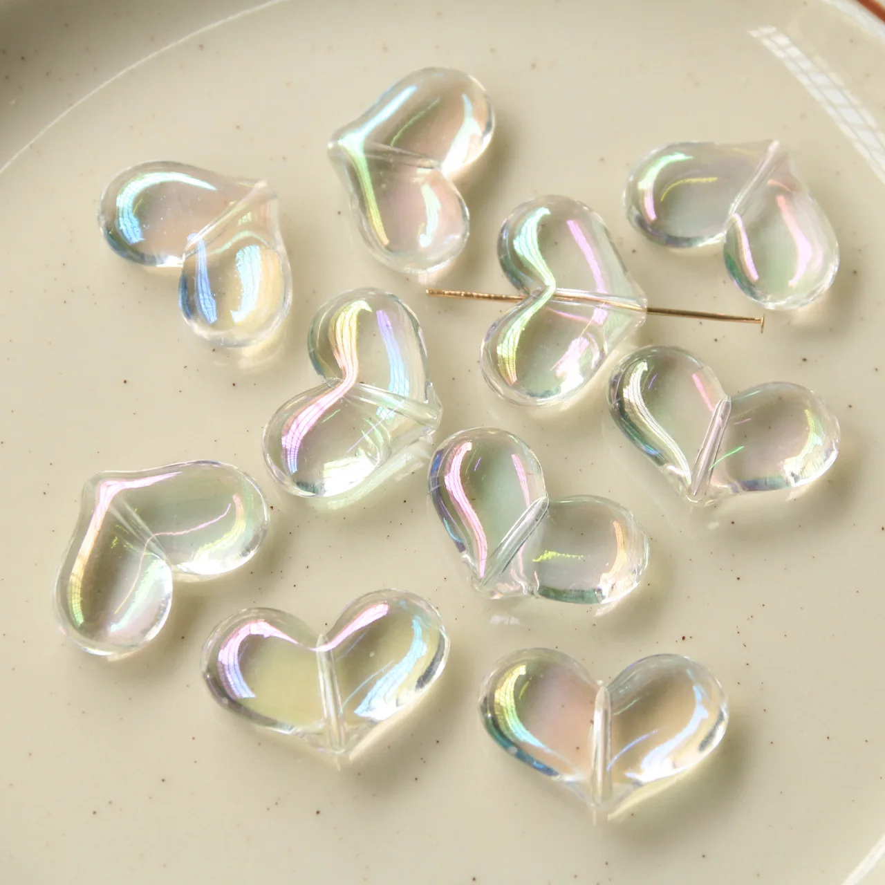 5pcs simple Japan and South Korea transparent AB colorful three-dimensional straight hole hearts beads diy