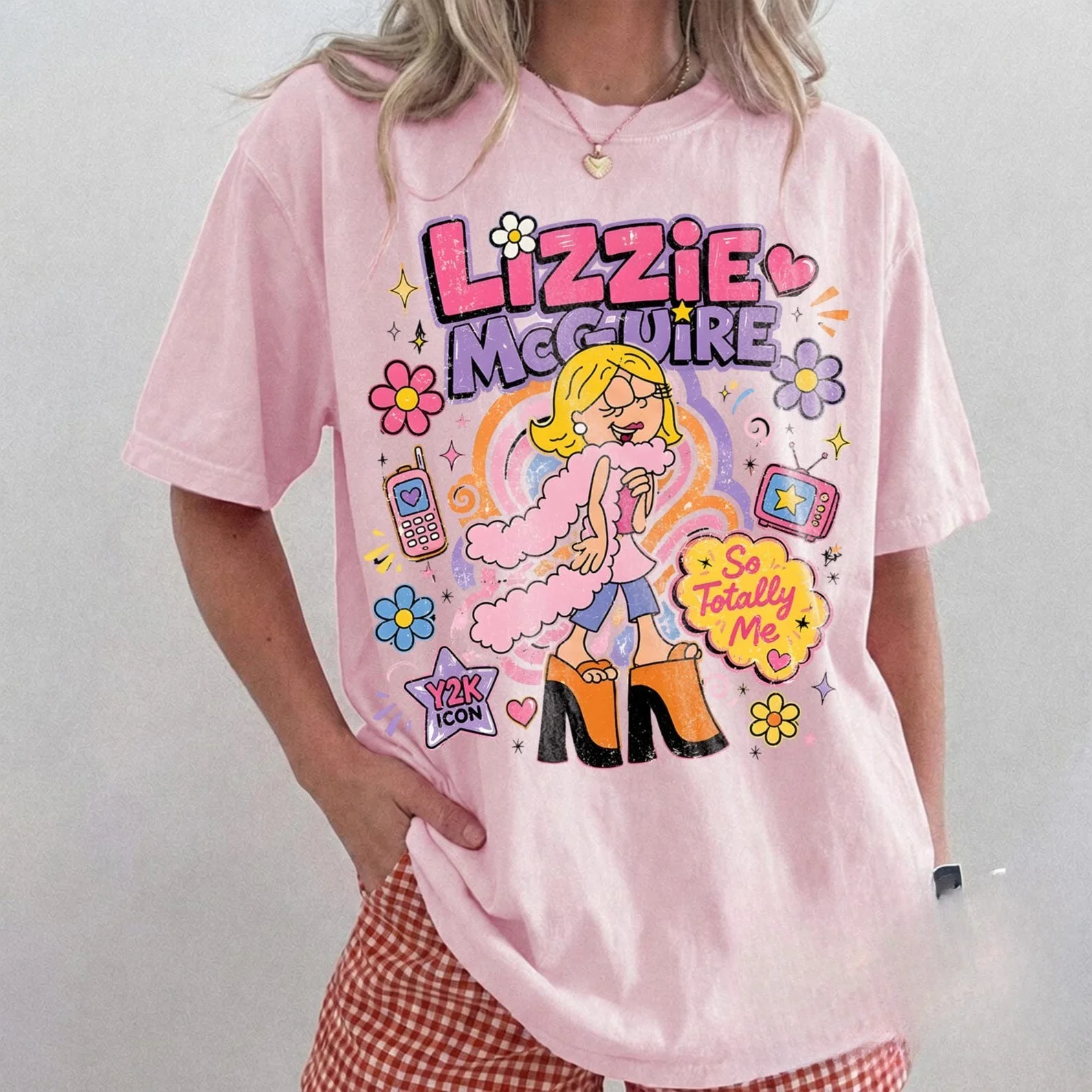 Y2K Harajuku Style Lizzie McGuire Cartoon T-shirt with Retro Floral Print Men's and Women's Casual  T-shirt Family Matching Top