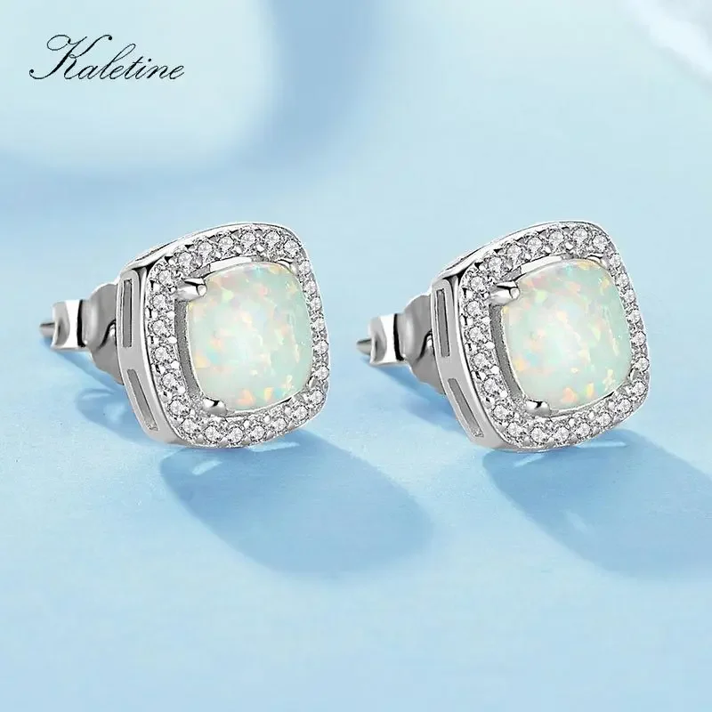 KALETINE Solid 925 Sterling Silver Earrings For Women Square Opal Jewelry Stud Earrings Fashion Jewelry Gift KLTE045