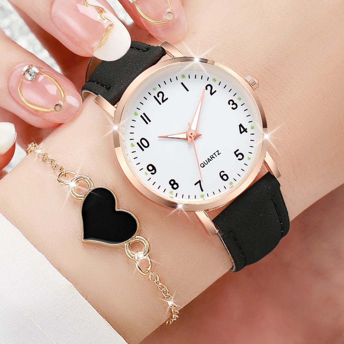 4/6PCS Fashion Leather Strap Women Quartz Watches Set Ladies Arabic Dial Wristwatch With Heart Bracelet Reloj Mujer(Without Box) image 5