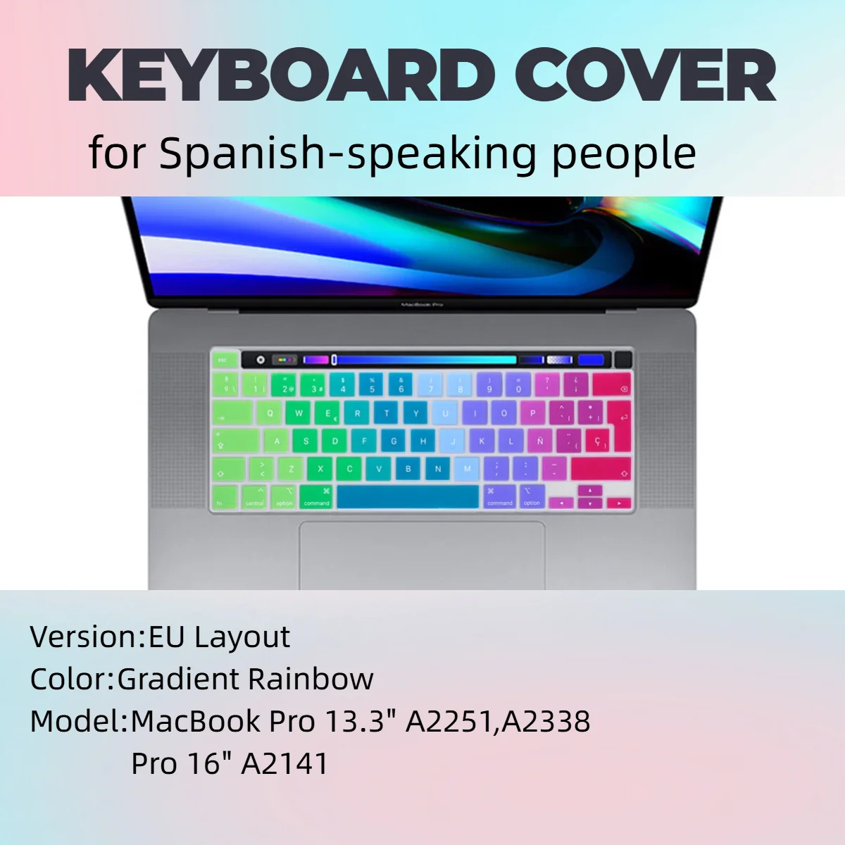 EU Spanish Gradient Silicone Keyboard Cover For MacBook Pro 13 A2251 A2289 A2338 M1 M2 / Pro16 A2141,Ultra‑thin,Perfect Fit