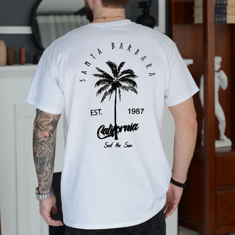 

Coastal Outfit Retro Sunset Print Short Sleeve T-shirt Women's Men's Clothing Palm Tree & Text Print Harajuku Fashion T-shirts