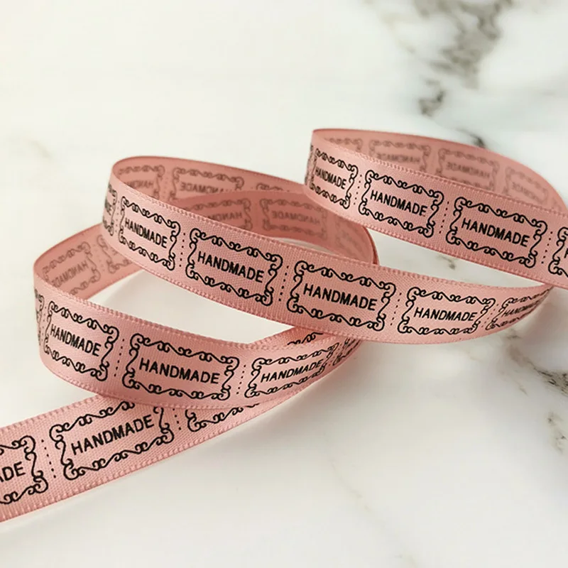 (25 Yards/Roll) 15mm Satin Ribbon Printing “HANDMADE” Quality Gift Wholesale Pretty Packing Ribbons Handmade DIY