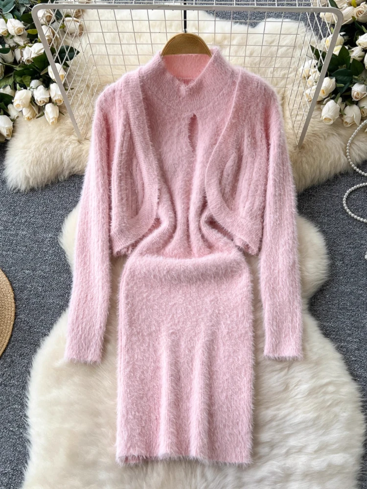 Autumn Sweet Knitted Two Piece Set Women French Fashion Party Sexy Dresses Outfits Gentle Coat + Slim Dress Elegant Suit 2024