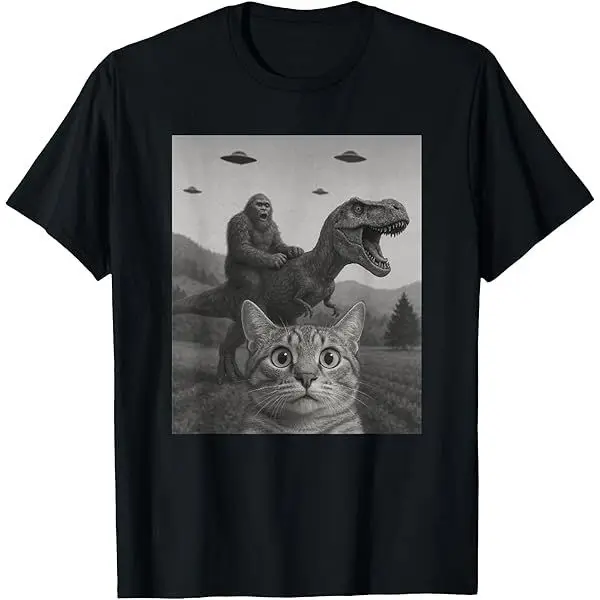 T-shirt con stampa di pizza di dinosauro gatto spaventoso con maniche corte in cotone ampio e confortevole per uomini e donne con soldi