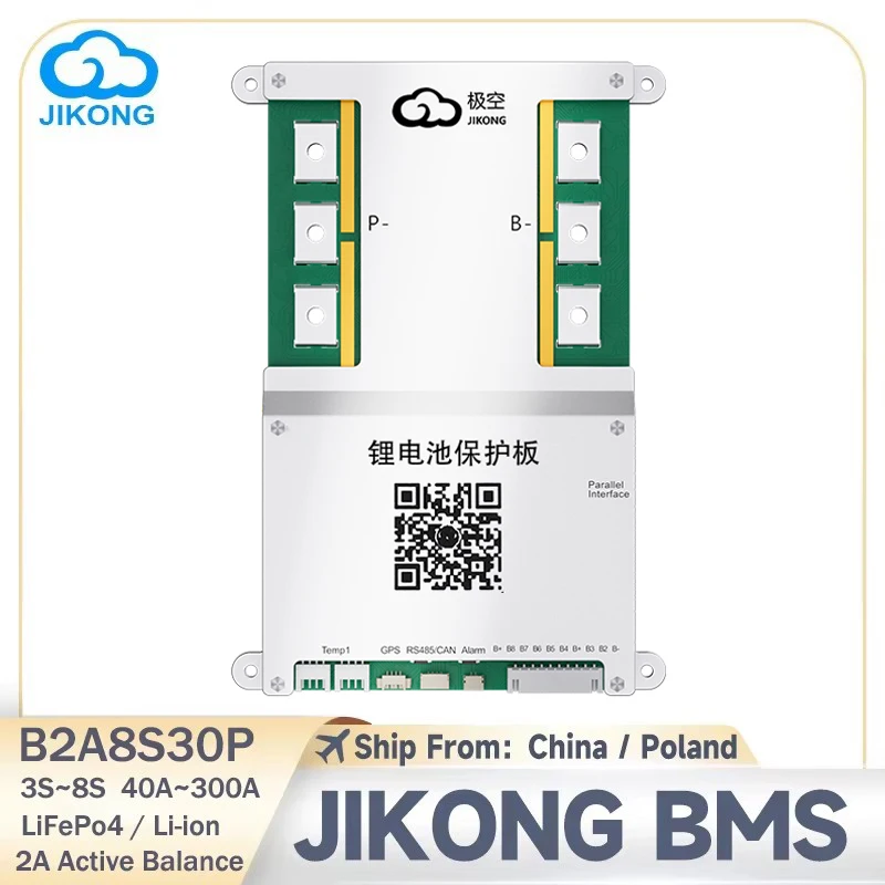 JIKONG BMS B2A8S30P with 2A Active Balance 300A Charge and Discharge Protection for 4S~8S LiFePO4 Li-ion Battery JKBMS Balancer