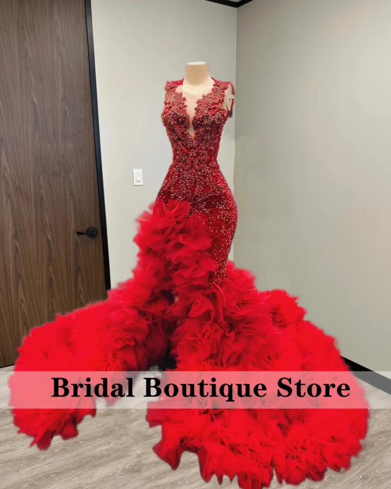 New Arrival 2024 Red Diamonds Prom Dresses Sparkly Beads Sequin Gowns For Black Girls Ruffles Gala Wedding Gowns Customized