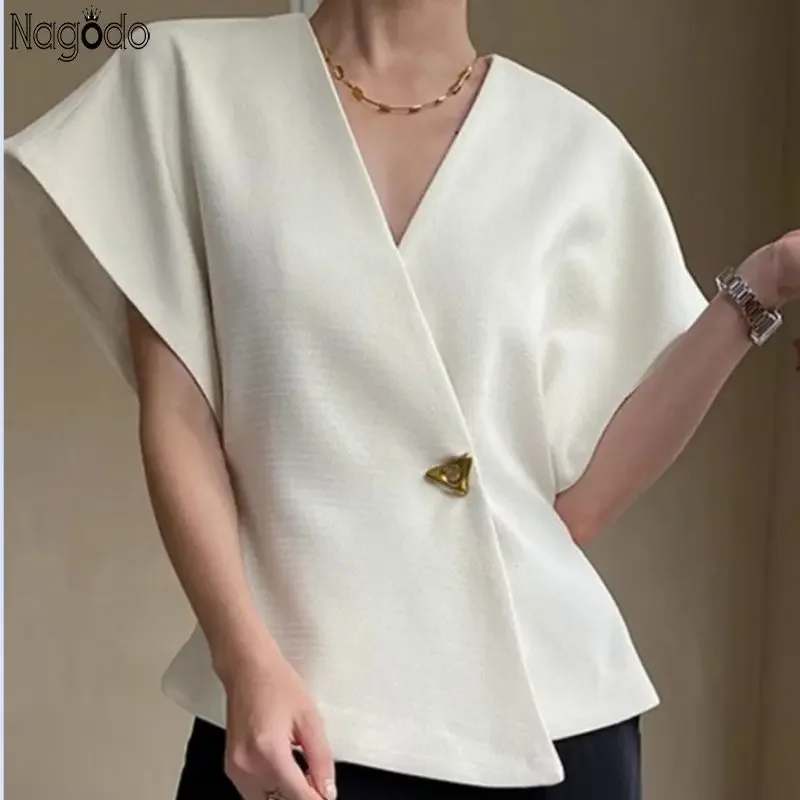 Elegant women T-shirt V-neck Single Button Tops French Style Irregular top Solid short sleeved women's y2k Streetwear N-92501