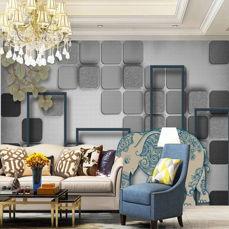 Custom Photo Mural Modern Style Grey Geometric Block 3D Elephant Painting Bedroom Living Room Decor Relief Non-woven Wallpaper