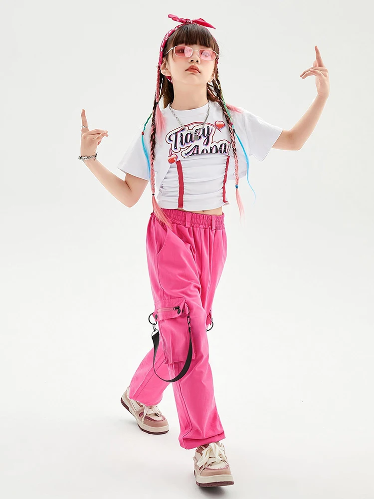 Ropa de baile de Jazz para niñas, Tops cortos de manga corta, pantalones Cargo rosas, disfraz de actuación de Hip Hop para adolescentes, ropa de escenario de concierto BL11119