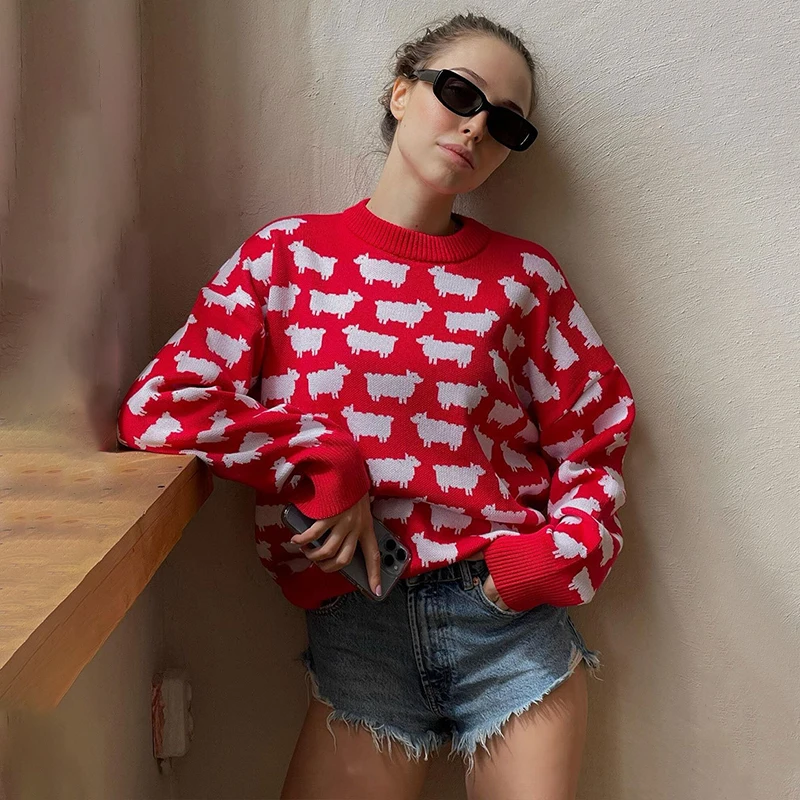 TARUXY Autumn New Round Neck Alpaca Print Sweater For Women Loose Casual Sweater Pullover Fashion Long Sleeve Knitted Top Female