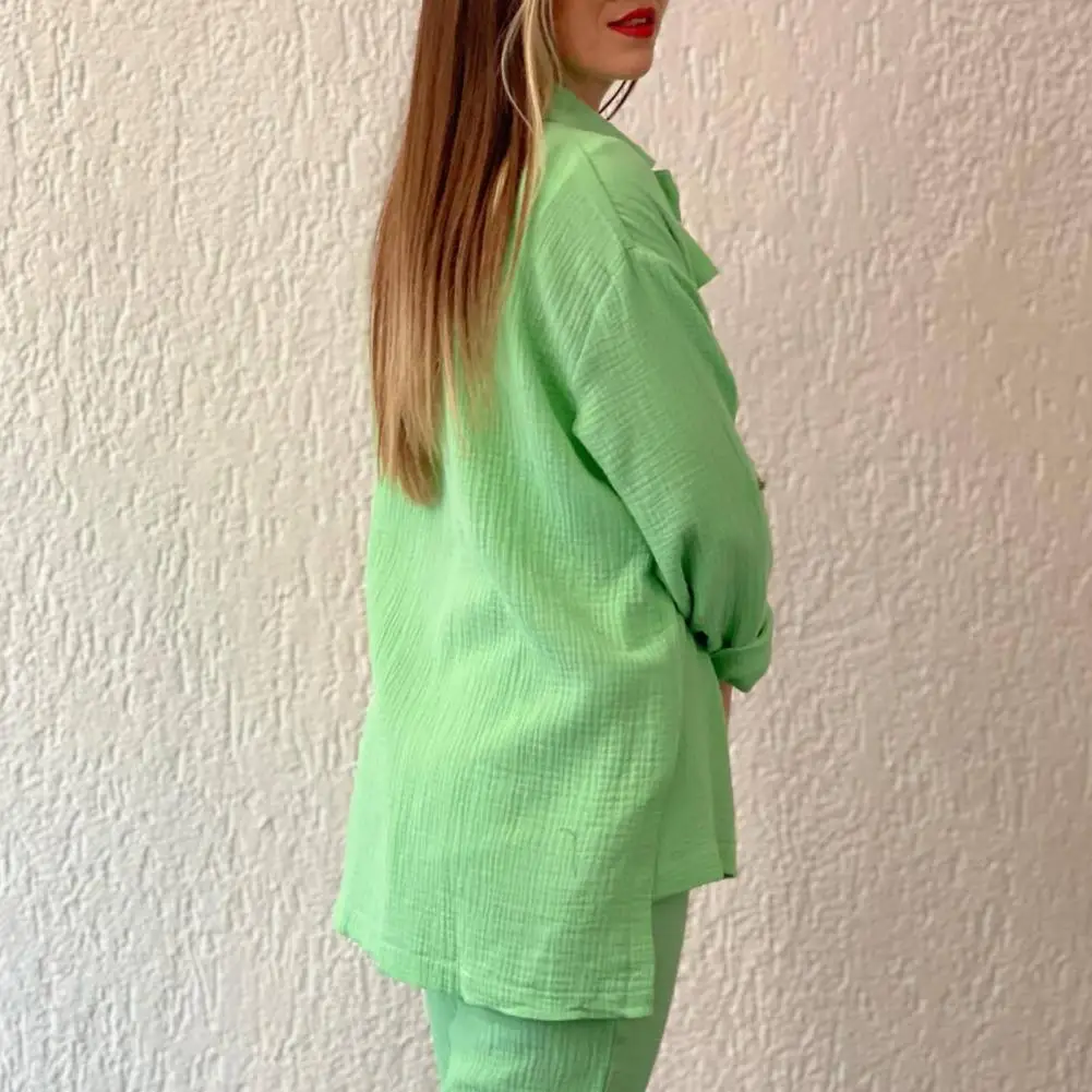 Traje de manga larga para mujer, conjunto de camisa y pantalones informales con cuello de solapa, blusa de un solo pecho, cintura alta elástica para diario