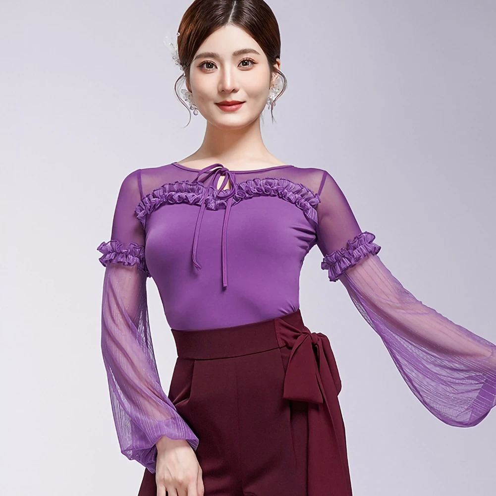 Vêtements de danse modernes pour femmes, haut violet, danse de salle de bal, chemise rétro rouge, manches lanternes noires, Jumbo, nouvelle collection