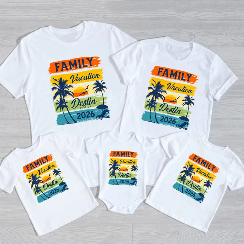 New Arrival Family Vacation 2026 Print Family Matching Outfits Black Short Sleeve Cotton Tshirt Father Mother Kids Clothes