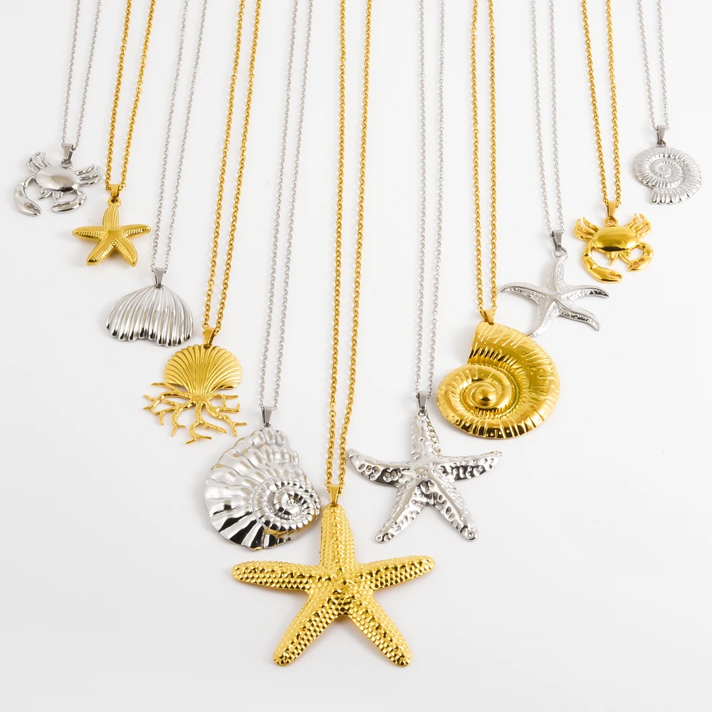 1Pc No Fade Summer Starfish Conch Shell Turtle Pendant Necklaces Cute Crab Sea Animal Collares Bijoux Acier Inoxydable Jewelry