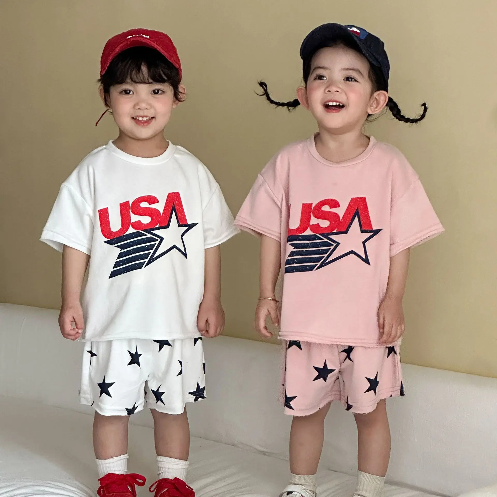 

2026 Summer New Children Short Sleeve Clothes Set Boys Girls Loose Print T Shirts + Shorts 2pcs Suit Kids Casual Sports Outfits