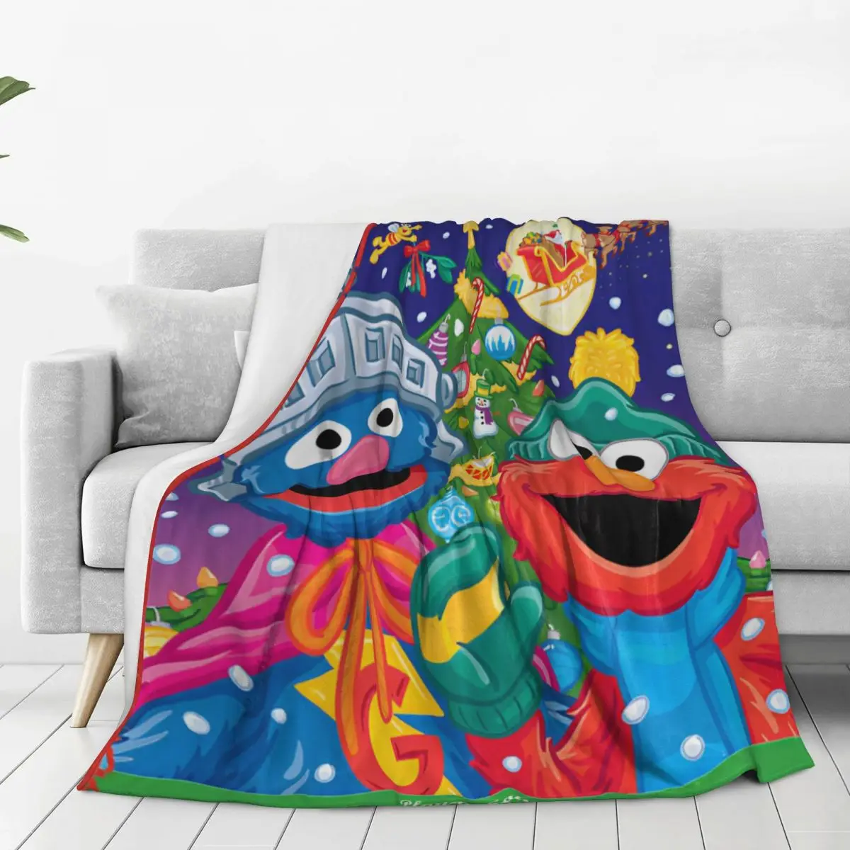 Sesame Streets Christmas Cartoon Flannel Blanket Warm Soft Throw Blanket for Couch Bed Travel Office Bedspread Sofa Bed Cover