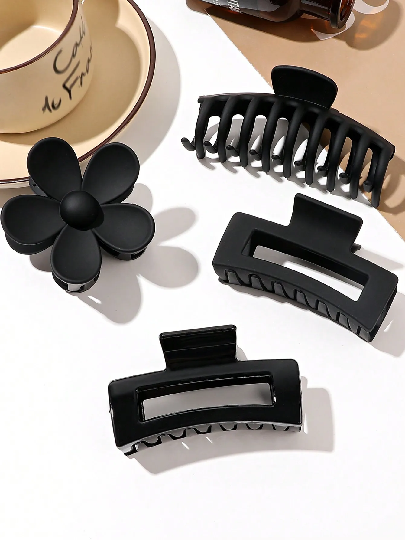 4 Stück klassische schwarze Haarklammern in verschiedenen Stilen, Blumenquadrat, große Haarnadeln, rutschfeste Haar-Accessoires für Frauen, dickes Haar – Detail 7