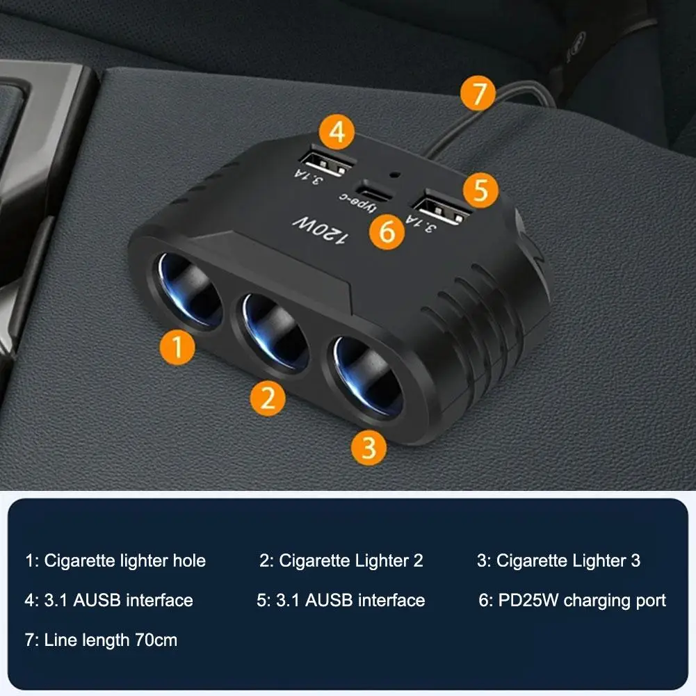 Divisor de mechero de coche de 3 enchufes, cargador rápido de coche de 120W, 12V, 24V, adaptador de cargador de coche para iPhone, GPS, Dashc, V8T3