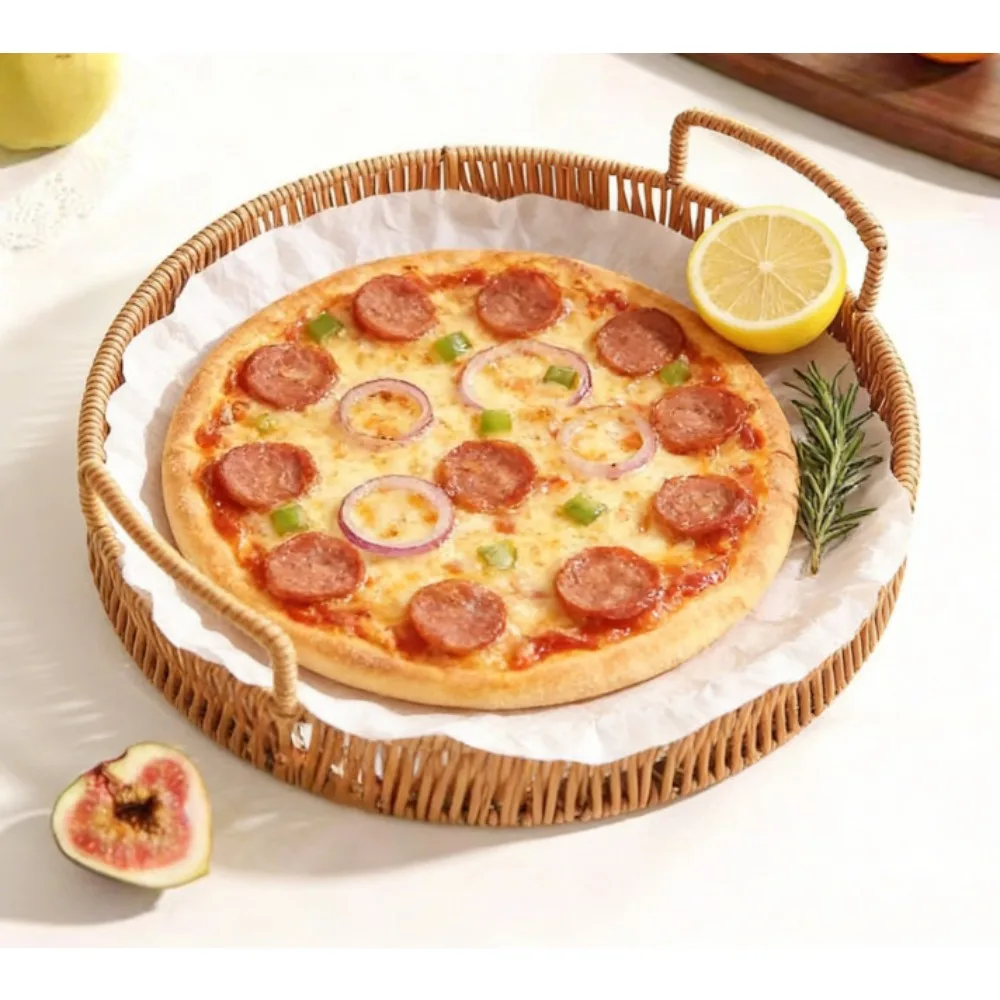 

Multi-functional Round Handwoven Rattan Look Basket with Handles 20 25 30cm for Fruit Bread Snacks Cake Serving Tray Home Decor