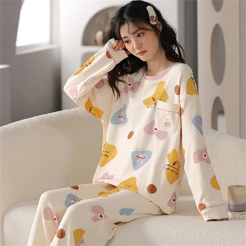 Women\'s Nightwear Plus Size Cartoon Bear Student Pajamas Homewear Ladies Long Sleeves Plaid Long Trousers Sleepwear Loungewear