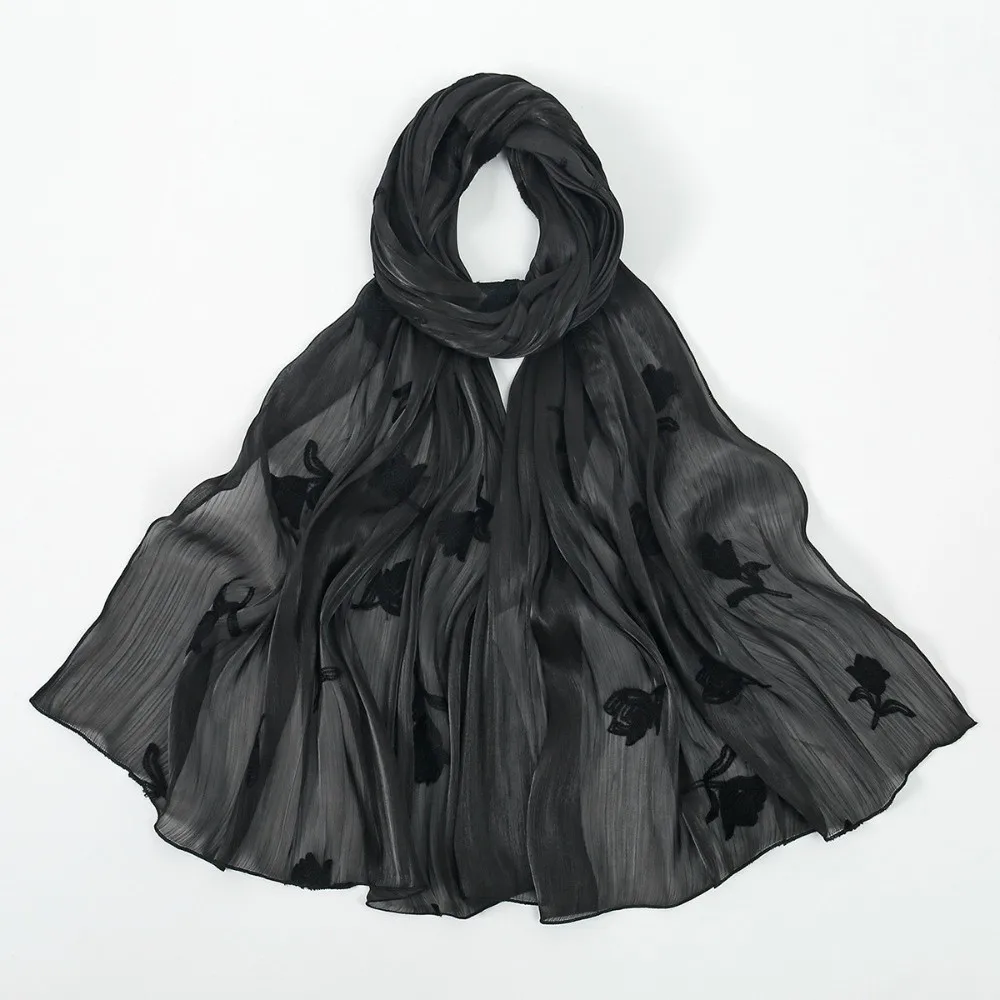 Soft Pleated Long Scarf Wrap Plain Flower Embroidery Elegant Shawl Headscarf Lightweight Turban Premium Hijab Shawl