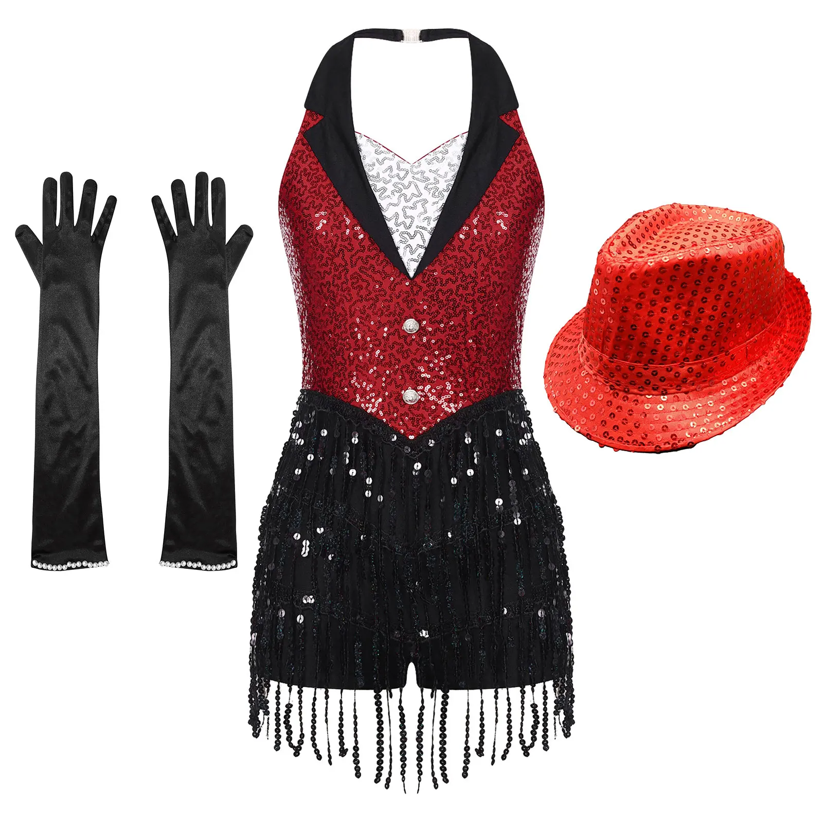 

Womens Jazz Dance Performance Costume Sparkly Sequin Halter Fringe Jumpsuit Sleeveless Backless Tassel Leotard Latin Dancewear