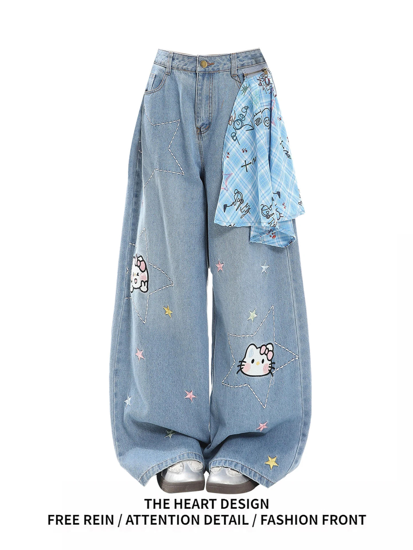 

American Sle Star Embroidery Plaid Scarf Wide Leg Pants Loose Fit Women's Jeans Casual High Waist Straight Leg Spring Design