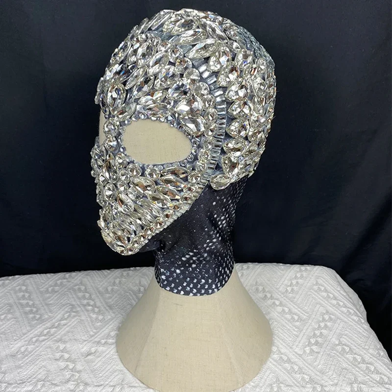 قناع لامع غطاء رأس حجر الراين أغطية الرأس العضلات النساء رجل قناع المغني كريستال الأحجار قبعة مفتوحة العين مرحلة الأداء الملحقات #1