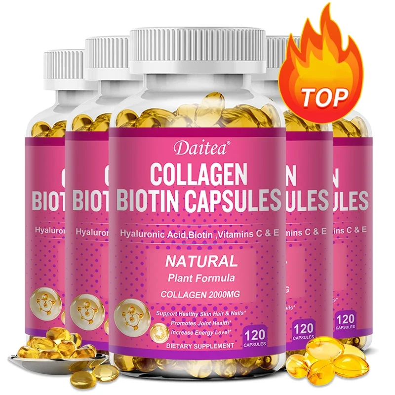 Daitea Collagen Biotin Supplement - Hyaluronic Acid Biotin Vitamin C E - Hair Skin Nails Energy Vegan Capsules