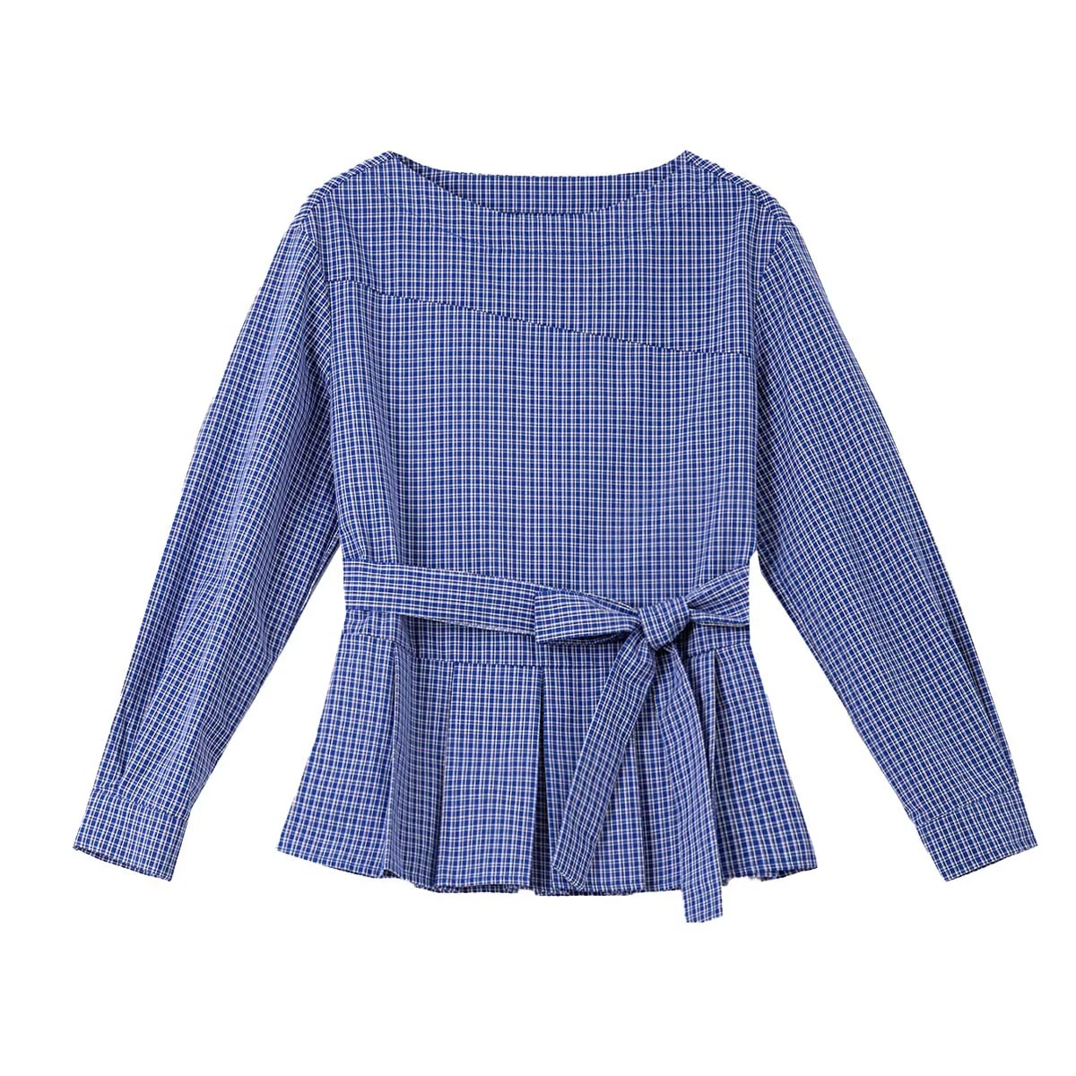 VIMLY Women's Blue Plaid Blouses 2025 Casual Slash Neck Woman Autumn 2025 New Split Long Sleeve Tops Elegant Loose Shirts A3035