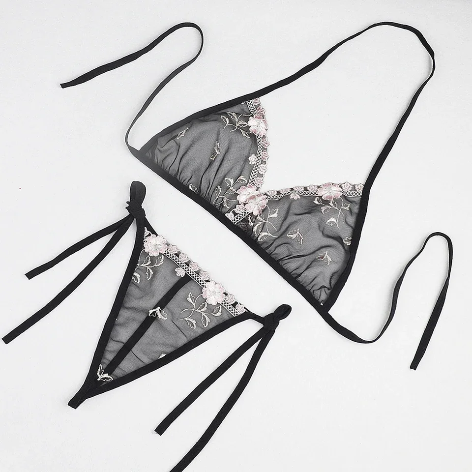 

1set Sexy Lingerie Sheer Women Bikini Embroidered Flower 3 Point Transparent Mesh Laceup Bra Thong See-Through Erotic Lingerie