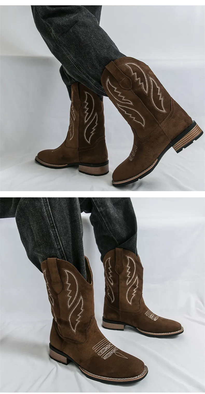 Neue Western Herren Cowboy Stiefel Vintage Mid-kalb Motorrad Stiefel Mode Wildleder Leder herren Stiefel Outdoor Casual Reitstiefel – Detail 13