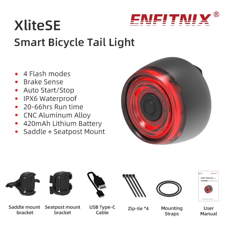 

Enfitnix Xlite SE Bicycle Smart Auto Brake Sensing Taillight IPx6 Waterproof LED Charging Cycling Taillight Bike Rear Light