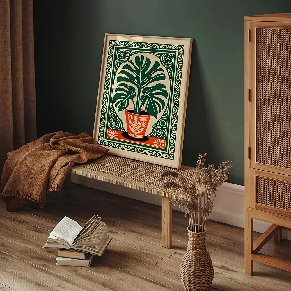 Bohemian Monstera Plant Canvas Print Retro Tropical Plant Green Leaf Wall Art Poster for Modern Living Room Farmhouse Home Decor