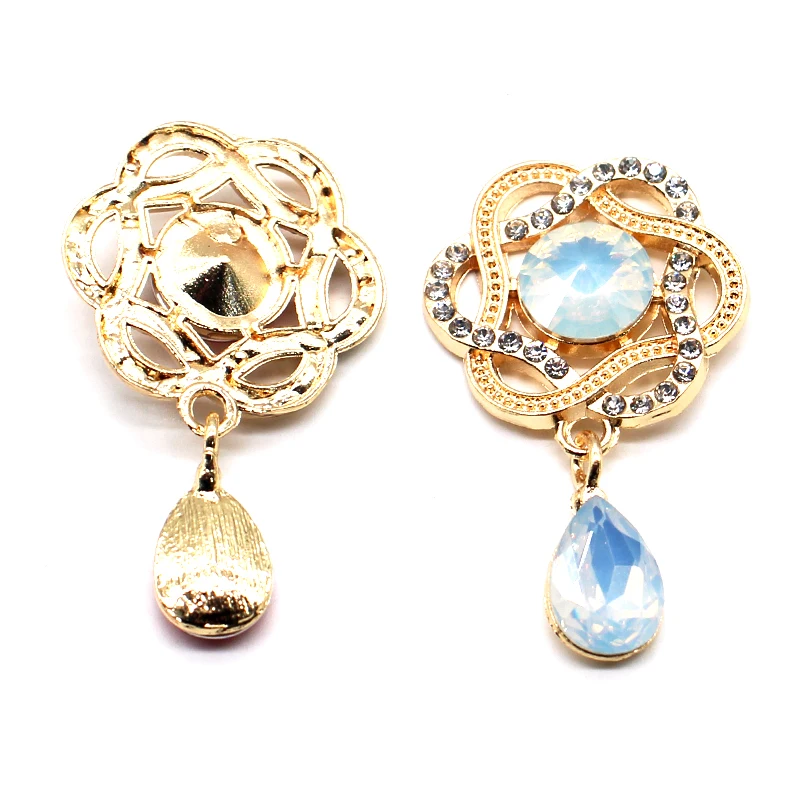 Fashion 29*47mm 10Pcs Flower Shaped Alloy Golden Shiny Rhinestone DIY Ladies Brooch Costume Decoration Decoration Accessories