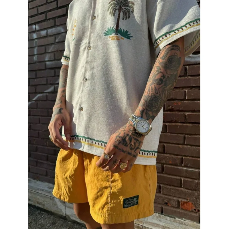 2025 Spring/Summer Men's Clothing - Subtropical Palm Tree Pattern Fashion Short-Sleeved Shirt, Comfortable and Breathable Linen