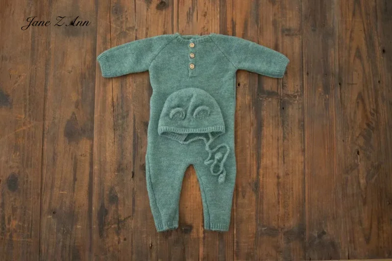 Baby boy girl sitter size teal color knitted bear bonnet+romper outfits infant photo props