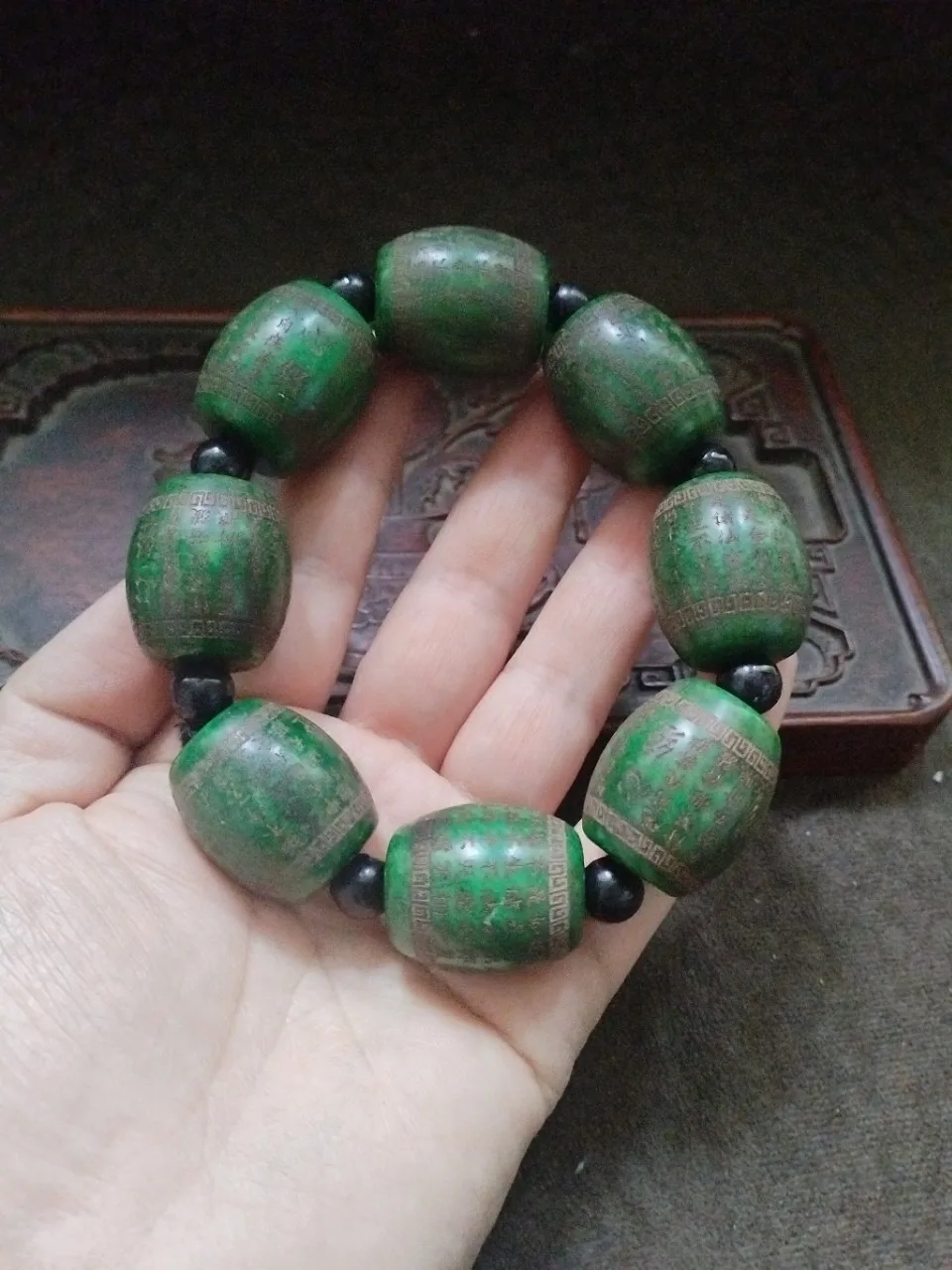 Rare Chinese Old Green Jade Hand Carved *Heart Meridian * Large Prayer Beads Bracelet