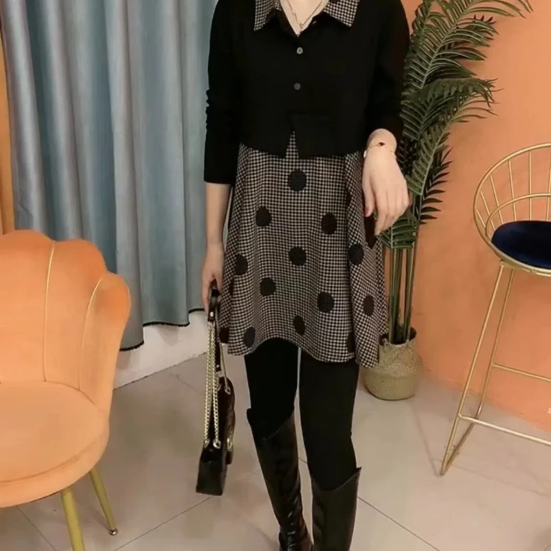 女性用ラペルチェック柄スプライシングシャツ,ルーズフィット,多用途,ラージバージョン,新品,ツーピース